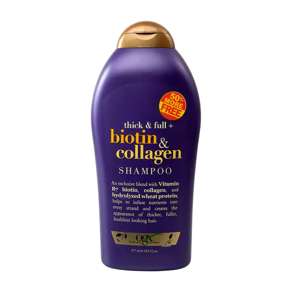 Shampoo ogx de 577ml con extracto de biotina y colágeno para el cuidado capilar