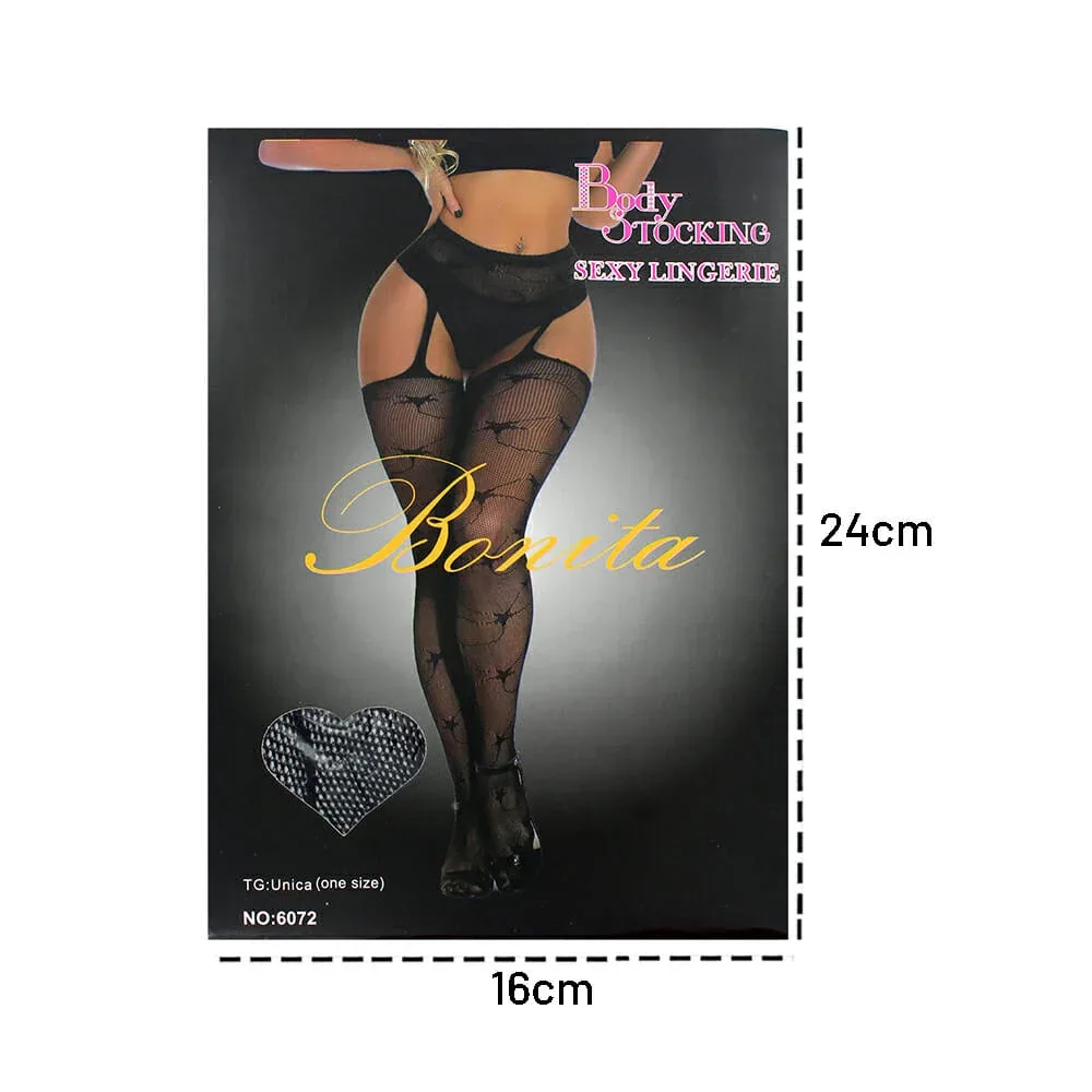 Lencería color negro para dama, malla pantimedia de red y liguero con diseño / bonita / 6072