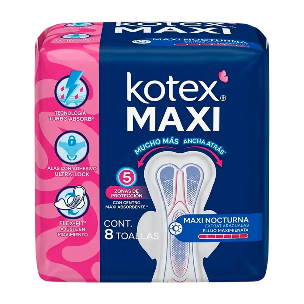 Paquete kotex con 8 toallas nocturnas con flujo maxi abundante