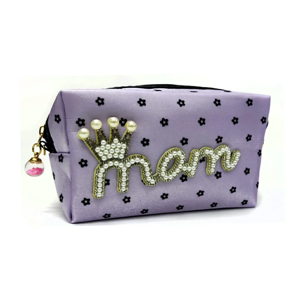 Bolsa cosmetiquera aperlada mom con cadena, estampado de flores y esfera encapsulada, variedad de colores / a528-4