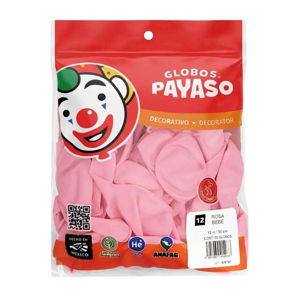 Paquete con 50 globos payaso de 12 pulgadas en tono rosa bebé / 414033