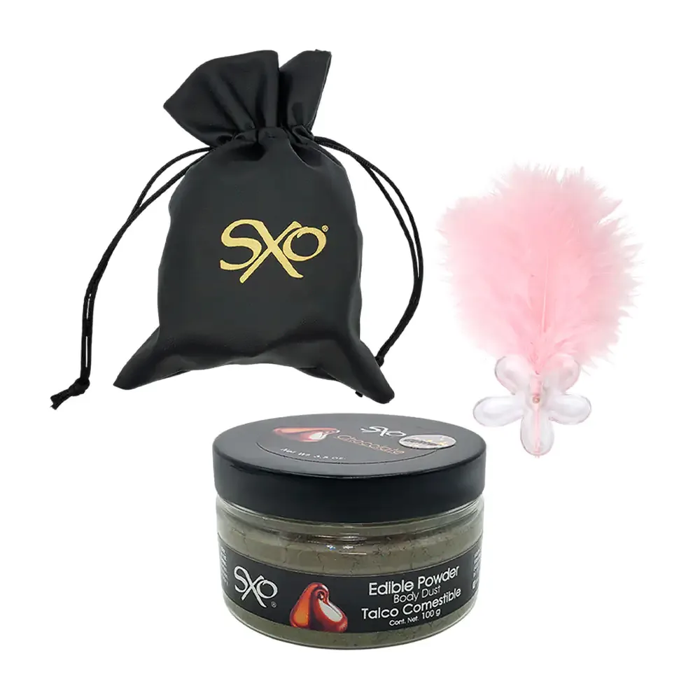 Talco comestible con glitter sabor y aroma a chocolate + mini pluma con flor