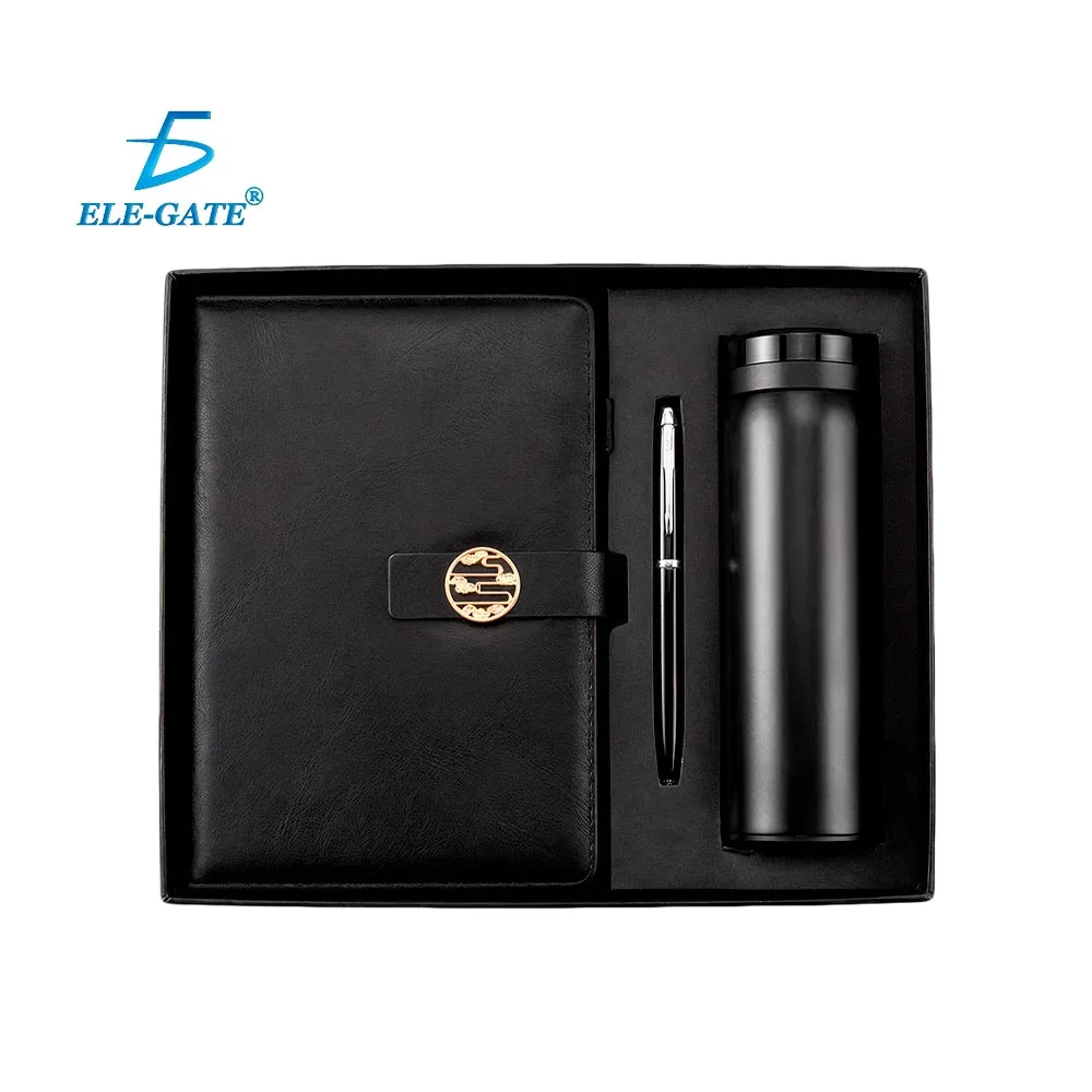 Set de regalo para caballero, libreta de piel con broche, pluma y termo de acero