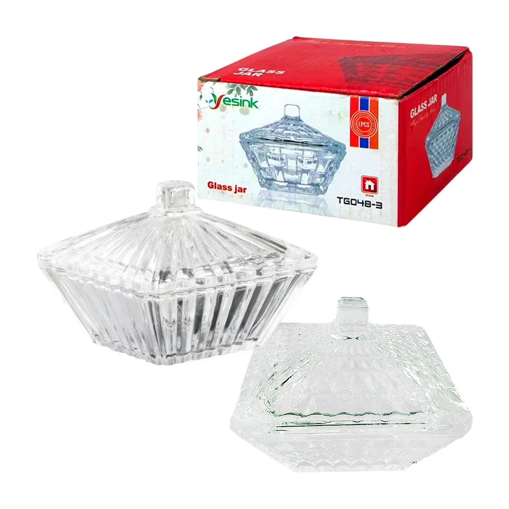 Recipiente de vidrio tipo azucarera con tapadera en forma cuadrada / glass jar / tg048-3