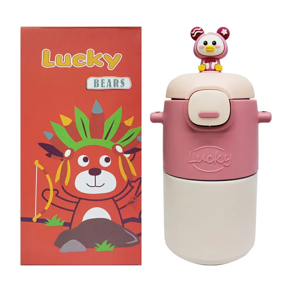 Termo metálico, tapadera con muñequito, variedad de diseños y personajes, correa y calcomanías / lucky 8024