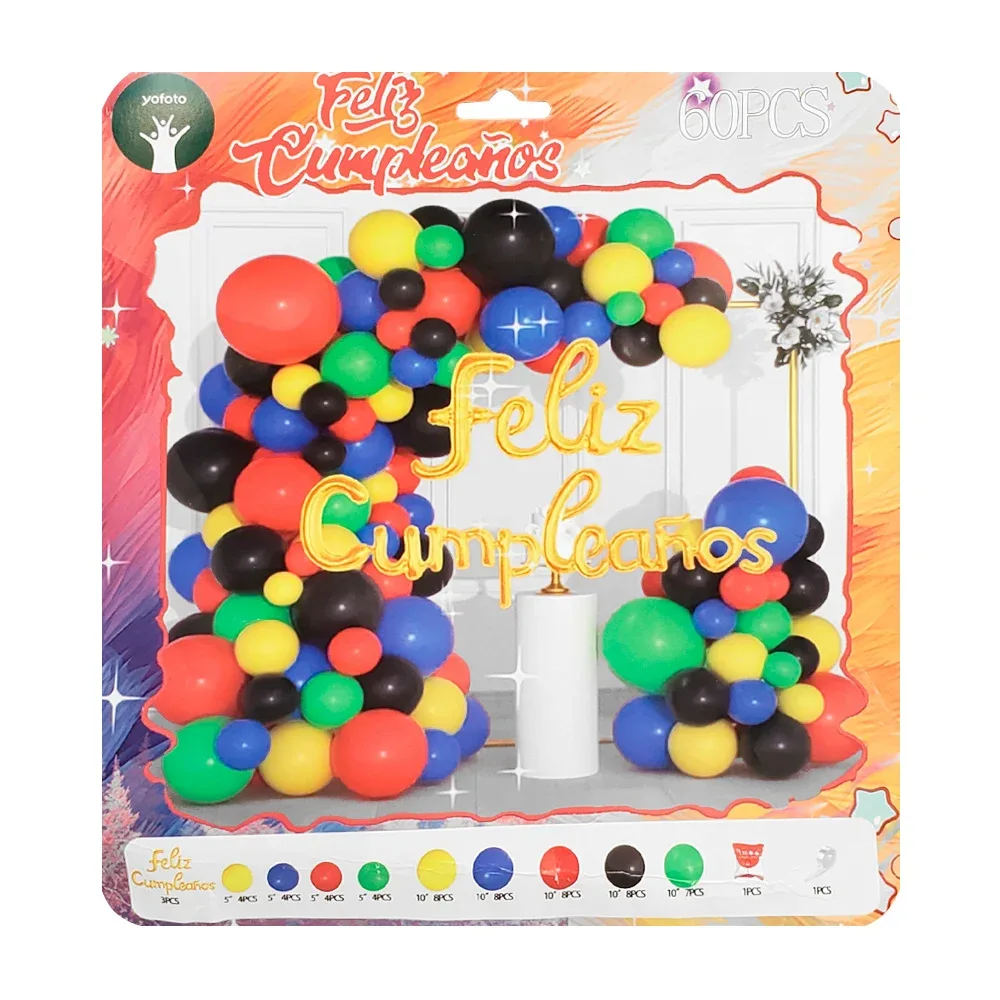 Paquete con 60 globos multicolor, globo feliz cumpleaños dorado, pegamento, guia