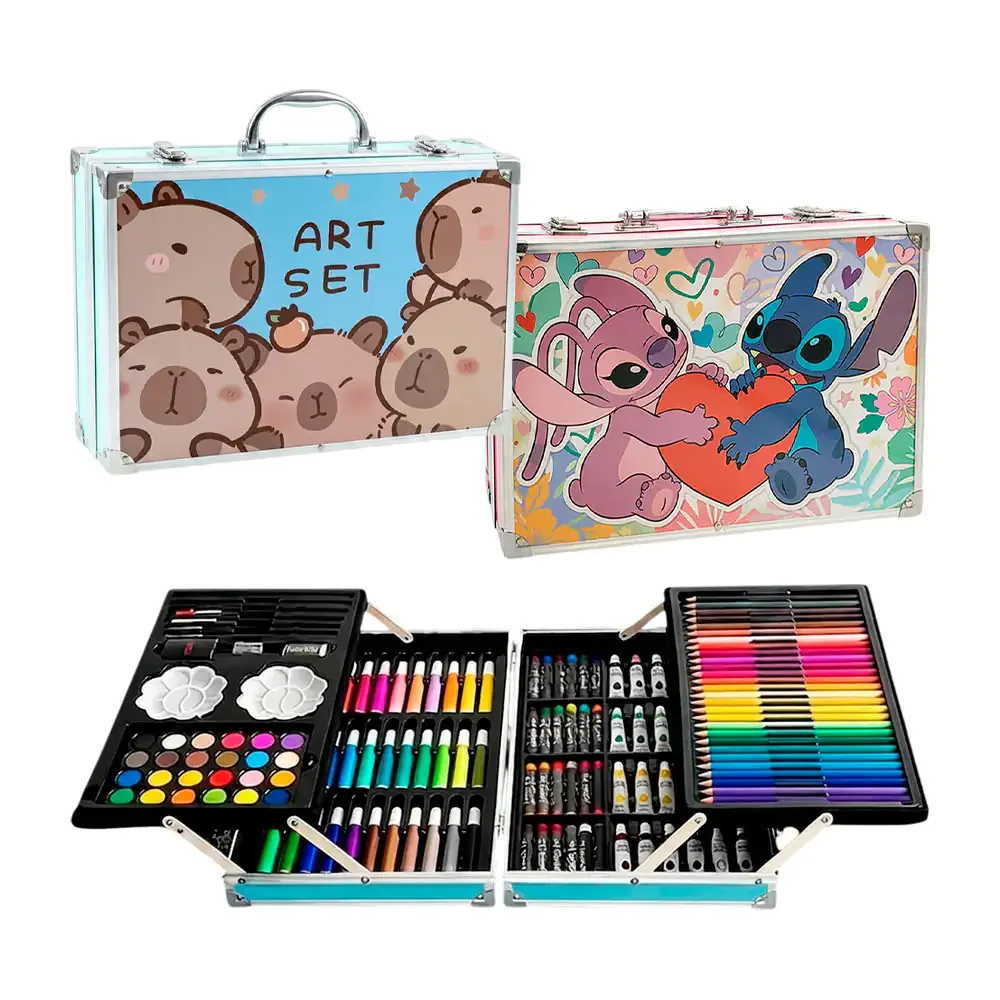 Estuche maletín con 121 accesorios de arte, estampado de dibujos animados