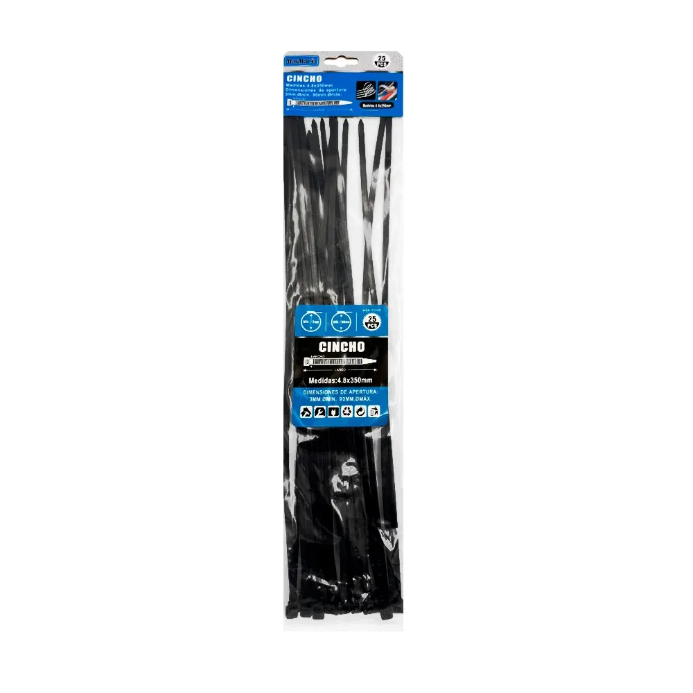 Paquete con 25 cinchos en color negro maxmacia con medidas de 4.8x350mm / 11160