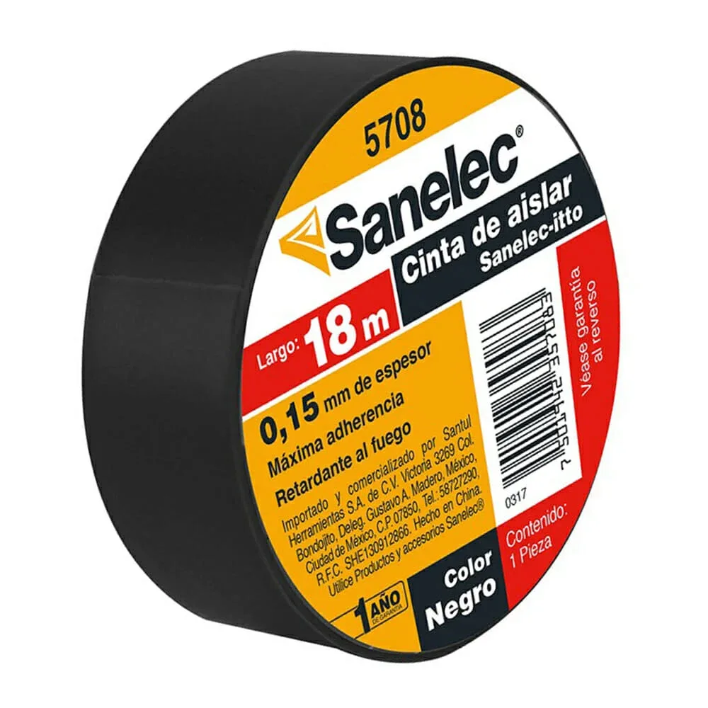 1pza Cinta negra aislante sanelec 18mx18mm / 5708
