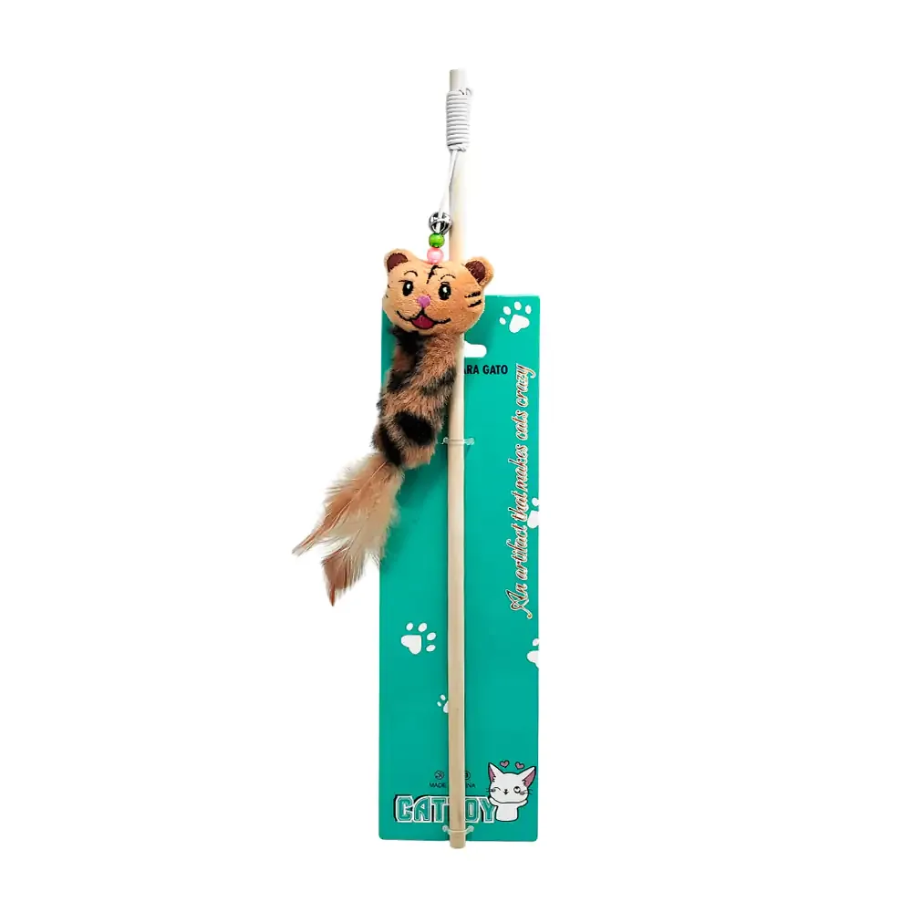 1pza Juguete para gato con mini peluche afelpado tipo ratón, lazo elástico y vara de madera