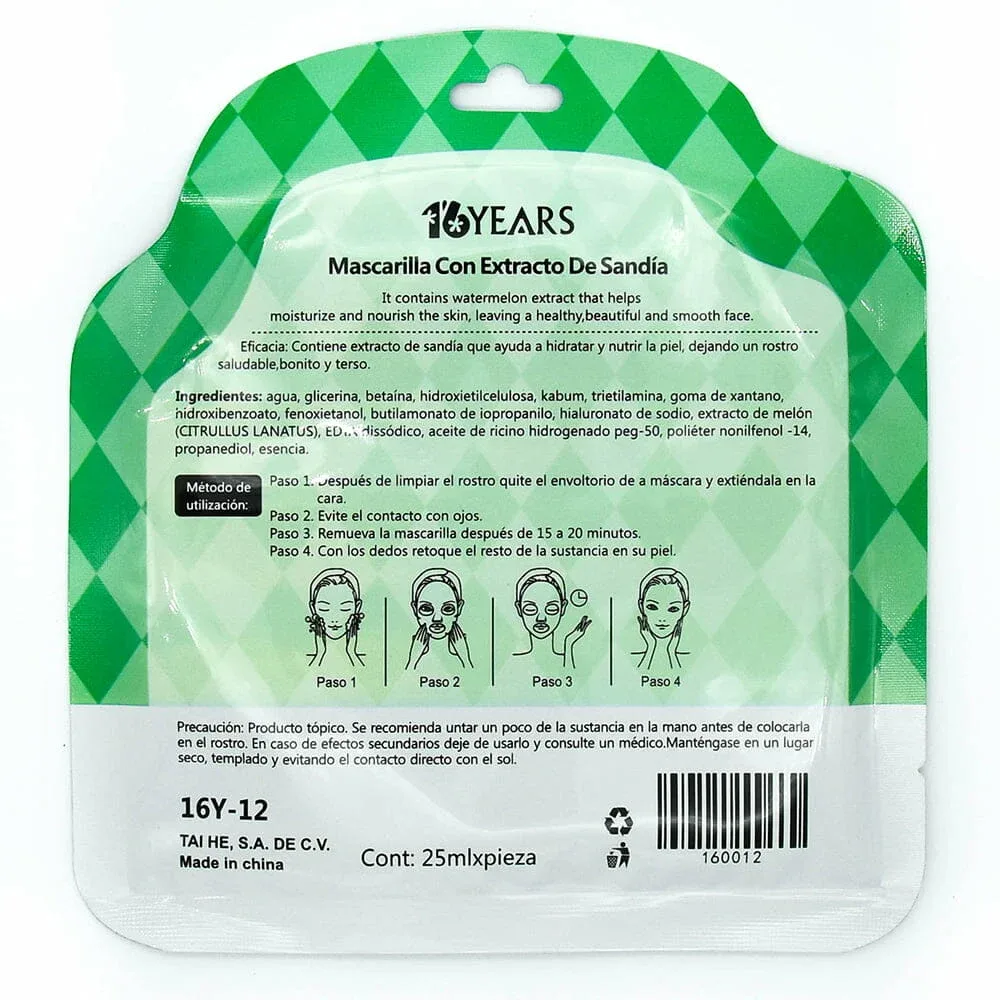 1pz Mascarilla facial de 25ml, 16 years con extracto de sandía natural