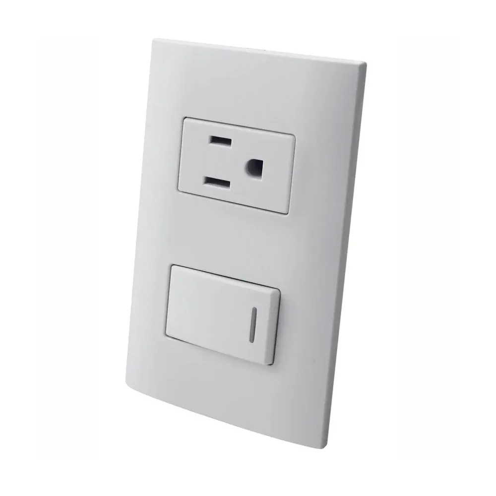 Placa plástica blanca aksi con apagador interruptor sencillo y contacto aterrizado, para pared / altimus / 124821