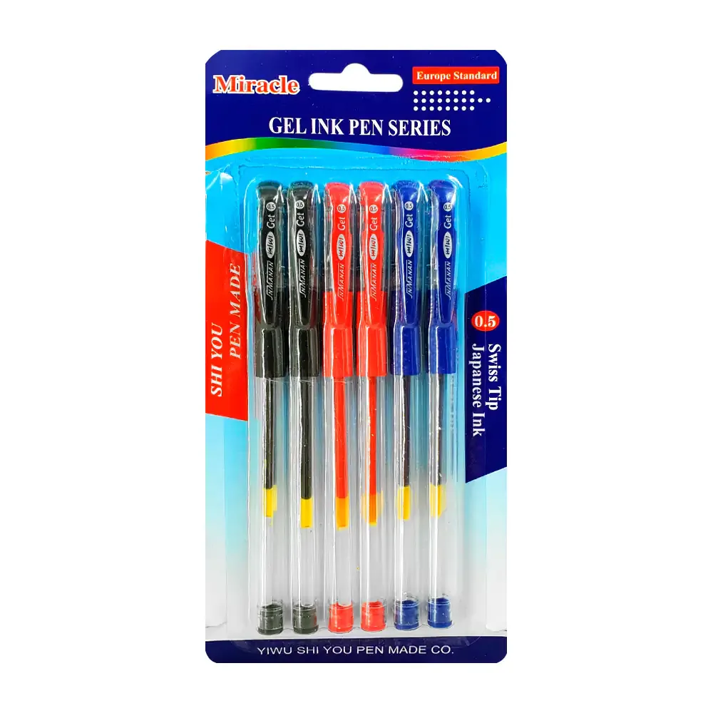 Blíster con 6 plumas de gel con punta de 0.5, diseño ergonómico, variedad