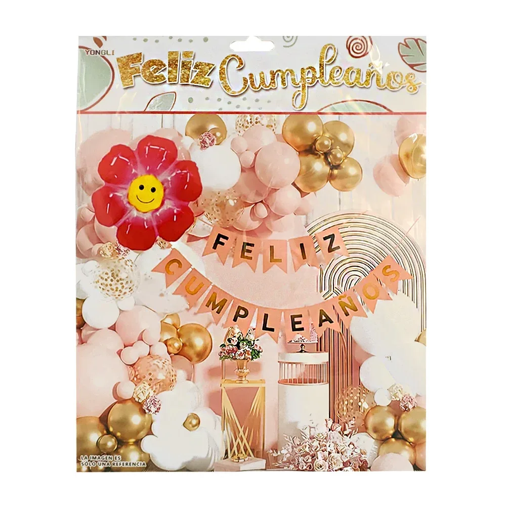 Kit decorativo con banderín feliz cumpleaños, globo de flor, tonos rosas, 50 pz