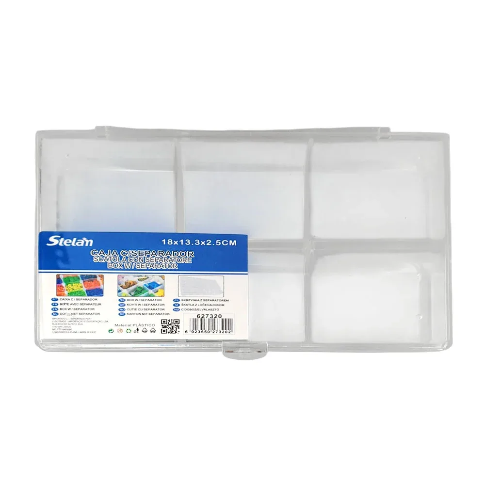 Caja organizadora con separadores rectangulares translúcida con 6 compartimientos, multifuncional / 18x13.3x2.5cm / stelan