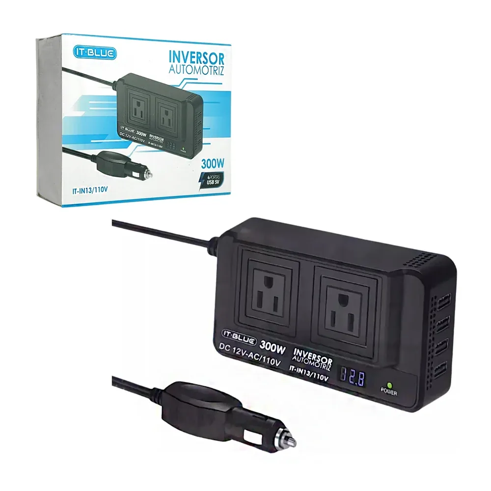 Inversor de corriente automotriz, 110v 300w, multiples puertos y pantalla