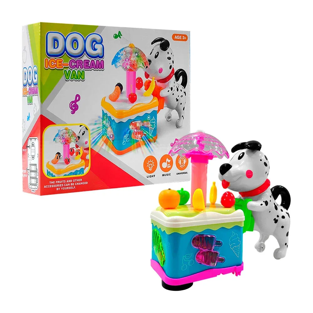 Juguete de perro vendedor de helados con luz y sonido / dog ice-cream van