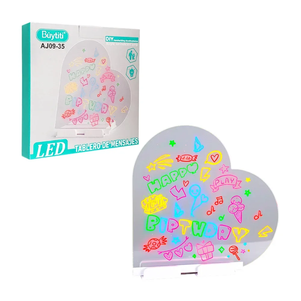 Pizarra de acrílico en forma de corazón para mensajes y luz led, 16cm + plumones