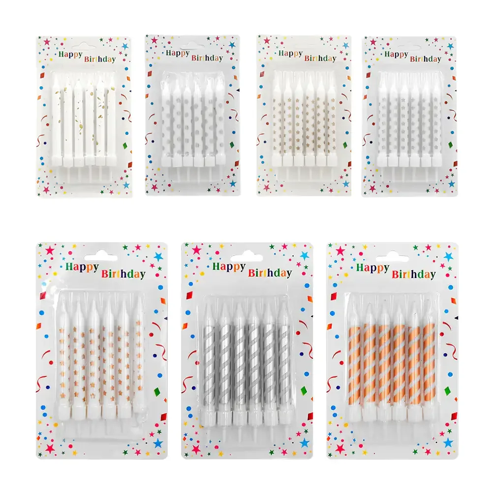 Blíster con 6 velas con diseño estampado para pastel, 9cm / 662141