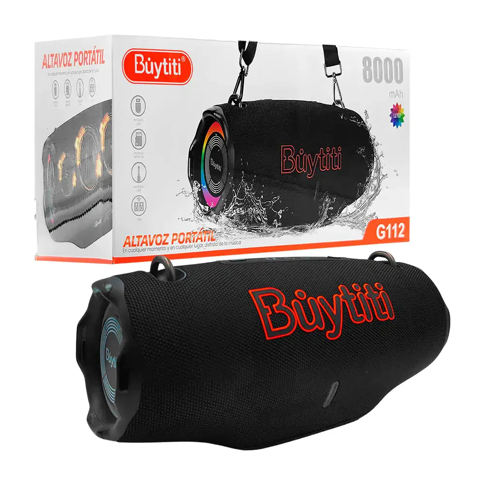 Bocina altavoz inalámbrico bluetooth buytiti cilíndrico con luz rgb y correa