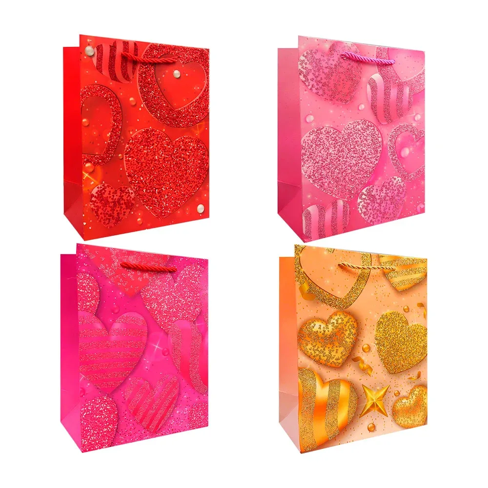 Bolsa de regalo 18x23x10cm, diseño de corazones con diamantina, variedad