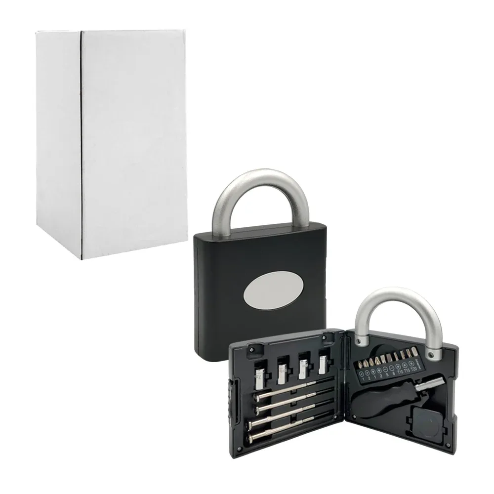 Caja - estuche de herramientas en forma de candado con desarmador, flexometro y puntas intercambiables, 20pz / candado herramientas / 148ra / l26-148ra