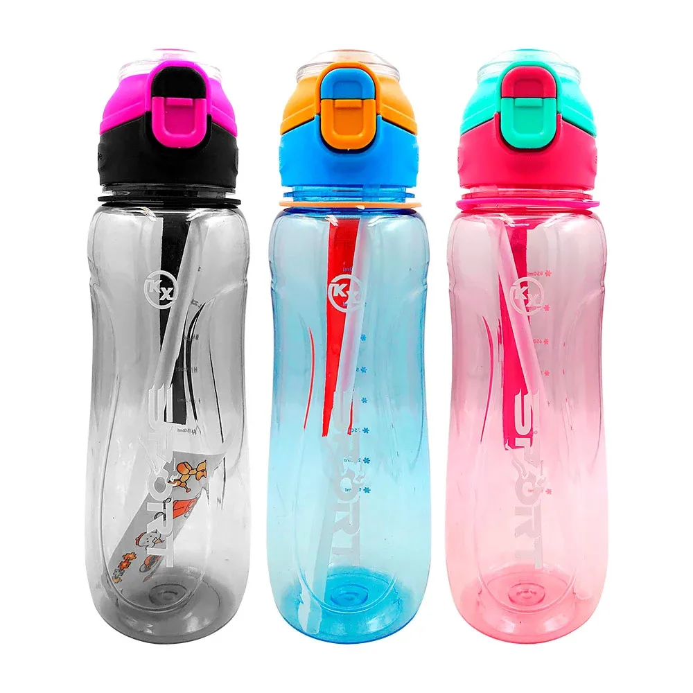 Botella de plástico sport con popote y stickers, 850ml, variedad de colores
