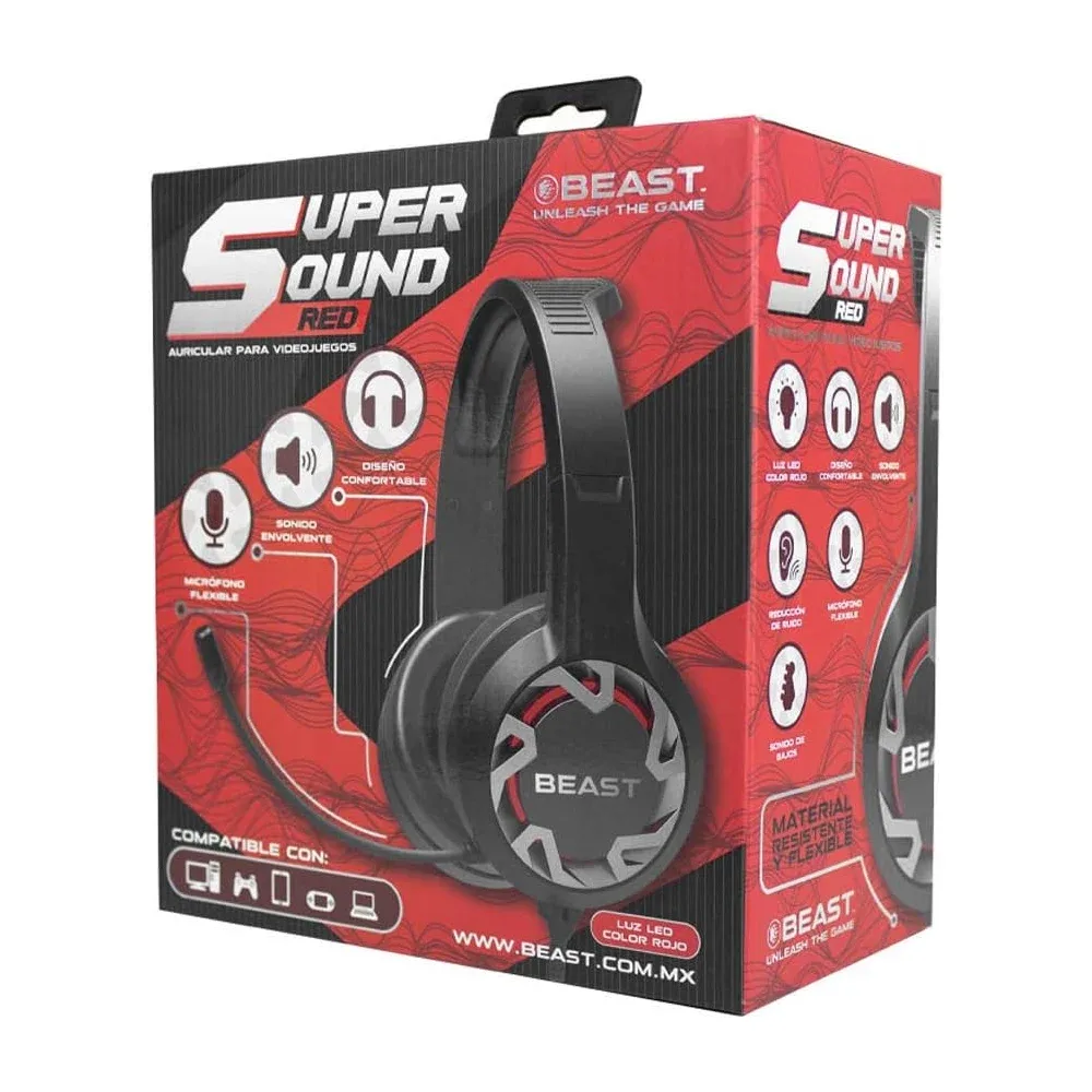 Audífonos diadema beast super sound con luz led color rojo y micrófono flexible / super sound red