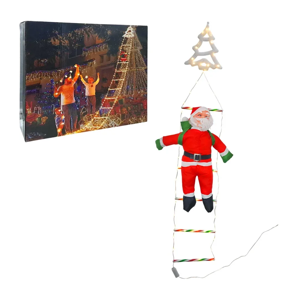 Serie decorativa de escalera, peldaños de caramelo y pino + santa claus subiendo
