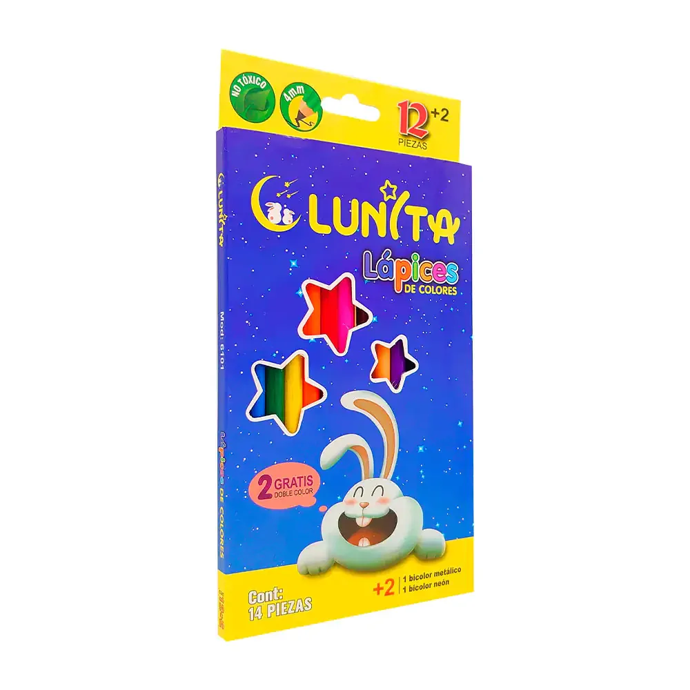 Caja con 12 lápices redondos de colores + 2 lápices bicolor metálico y neón