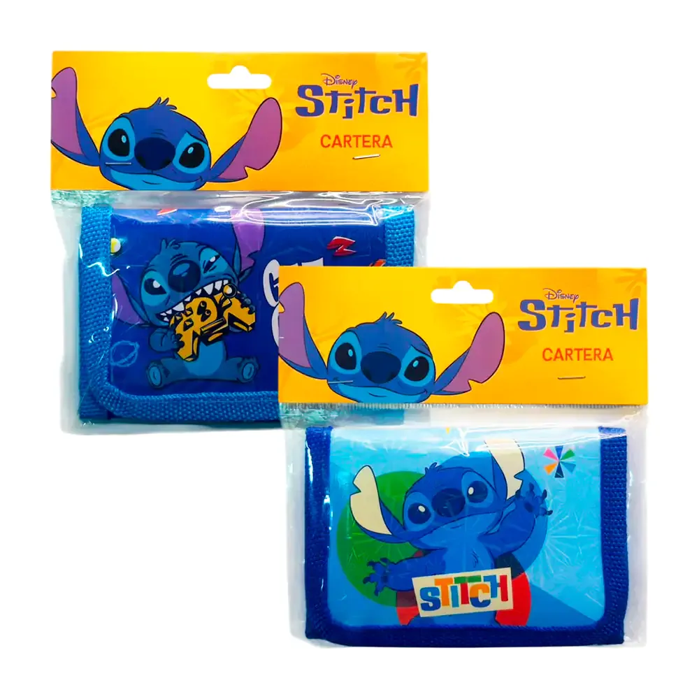 Cartera - billetera infantil, plastificada con estampado de stitch + velcro, variedad