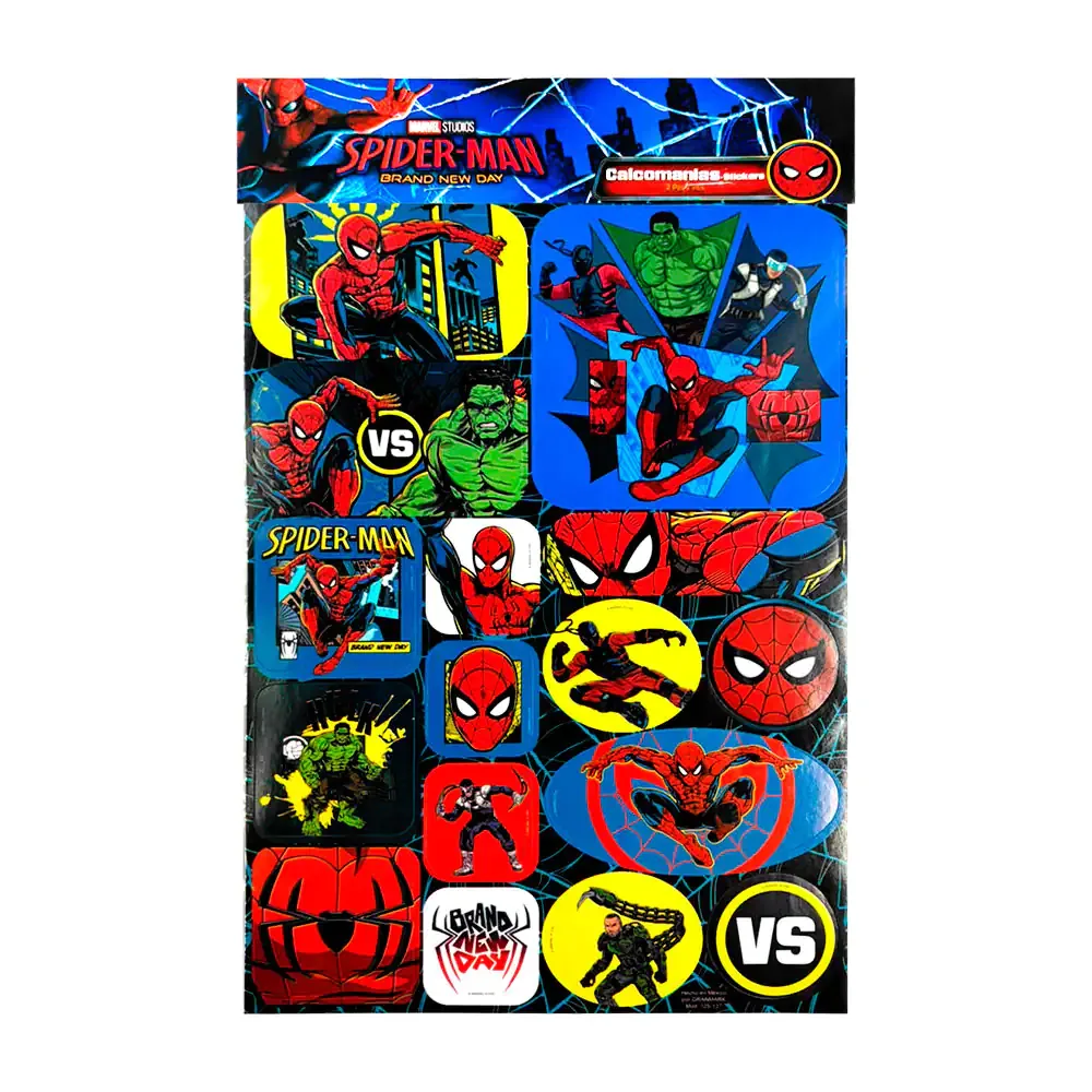 Blíster con 2 planillas de stickers escolares, estampado de spider man y villanos, variedad