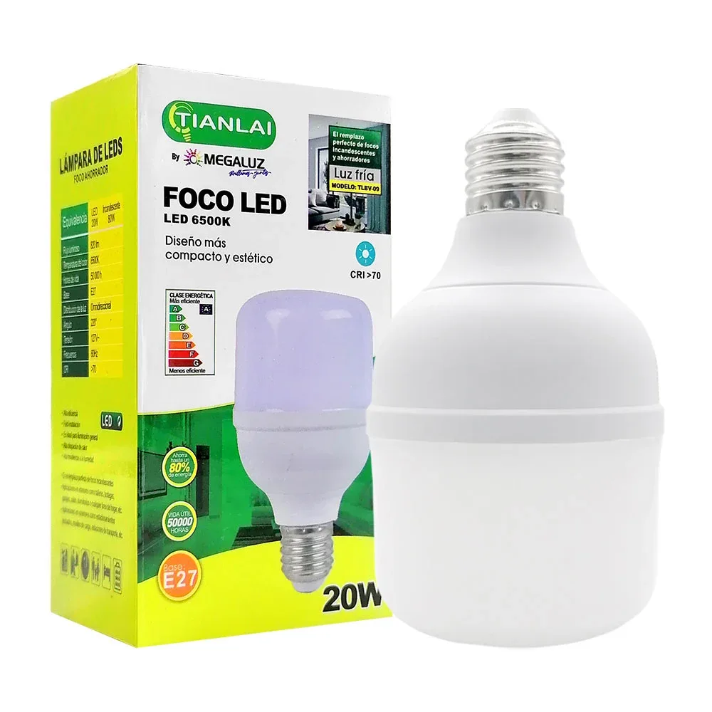 Foco led ahorrador de luz fría, consumo de 20w, 6500k, e27, 820lm / tlbv-09 / tianlai
