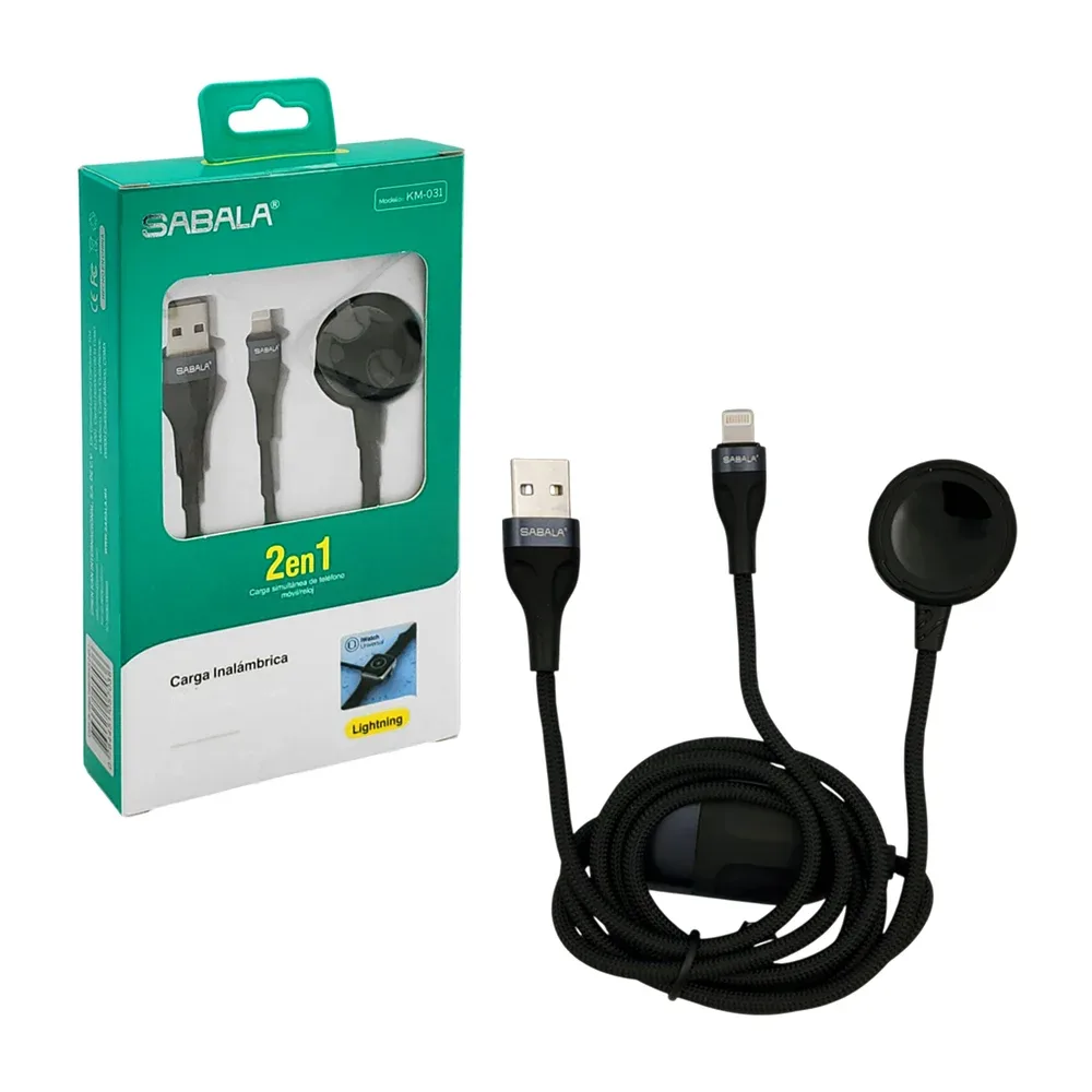 Cable 2en1, usb a ip + salida inalámbrica para smartwatch, recubrimiento textil
