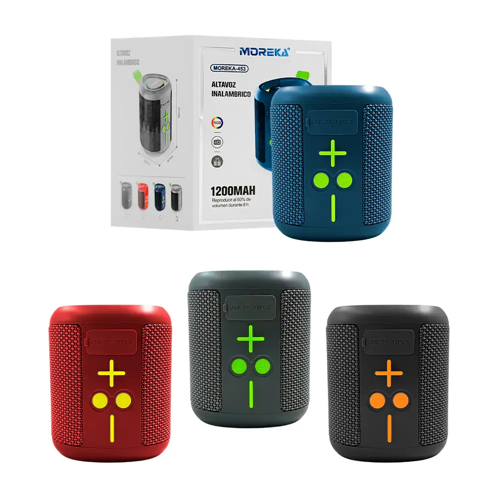 Bocina bluetooth triangular moreka de 5w con luz rgb + asa, variedad de colores
