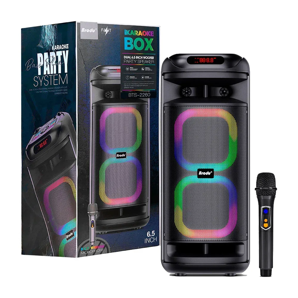 Bocina bafle 6.5in x2, karaoke, puerto usb, tf y radio, luz rgb + micrófono
