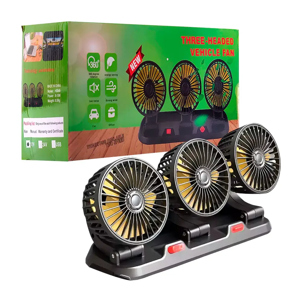 Ventilador con triple cabezal para carro, rotación 360 + botón con 2 velocidades