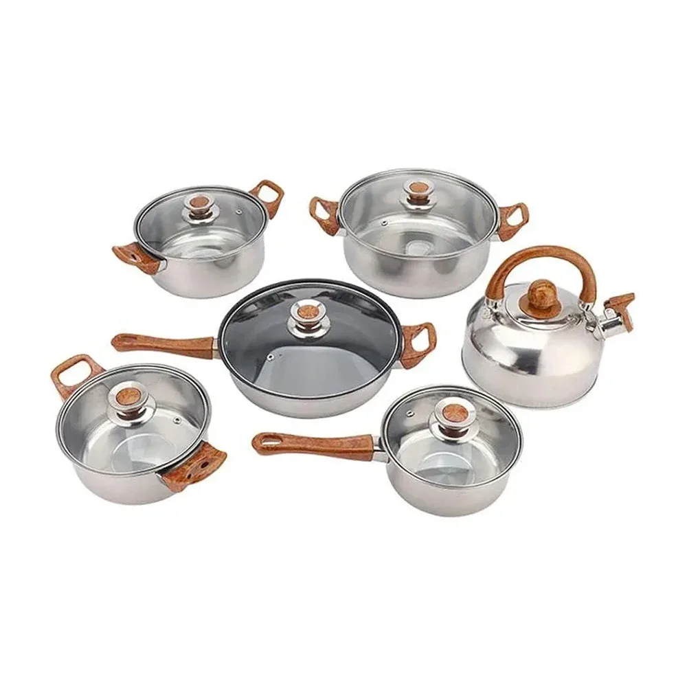 Batería de cocina, juego con 3 ollas y 2 sartenes de acero inoxidable + 5 tapaderas transparentes de vidrio, tetera / combination pot