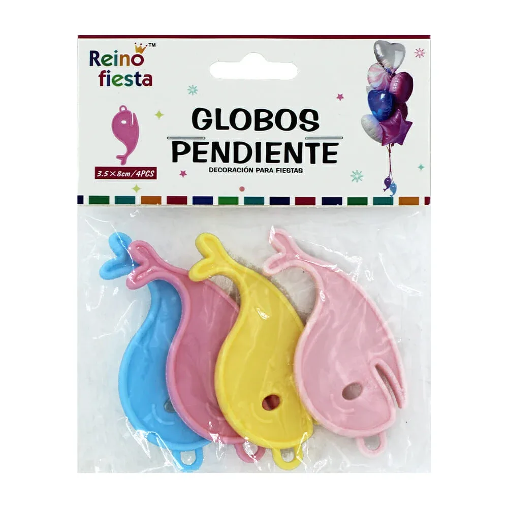 Paquete con 4 contrapesos reino fiesta de plástico en forma de ballena 8cm para globos, variedad de colores / 50260