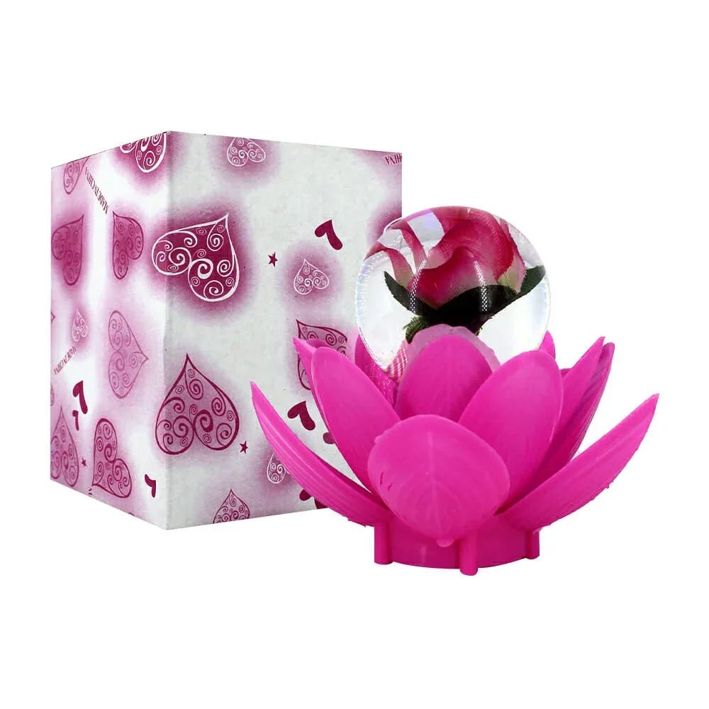 Rosa encapsulada en esfera transparente con pétalos de flor y luz multicolor / a-302