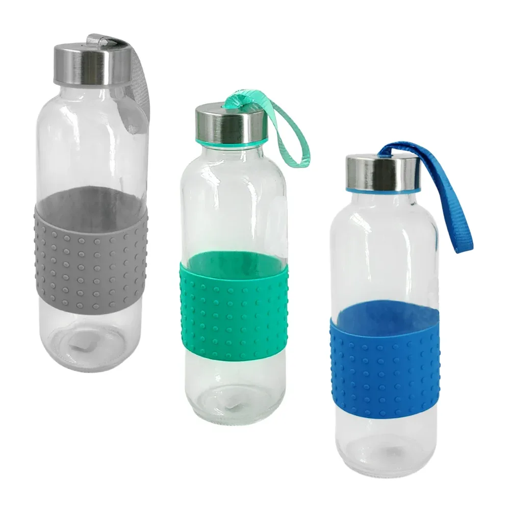 Botella de vidrio 400ml, taparosca acero inoxidable, banda de silicón ergonómica