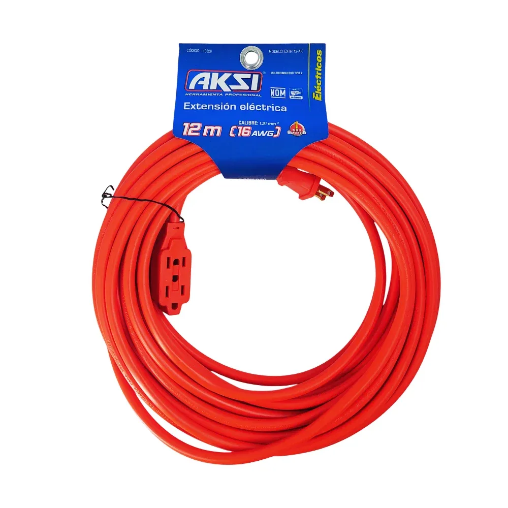 Extensión eléctrica aksi naranja de uso rudo con 3 contactos y 12 metros de longitud / extr-12-ak