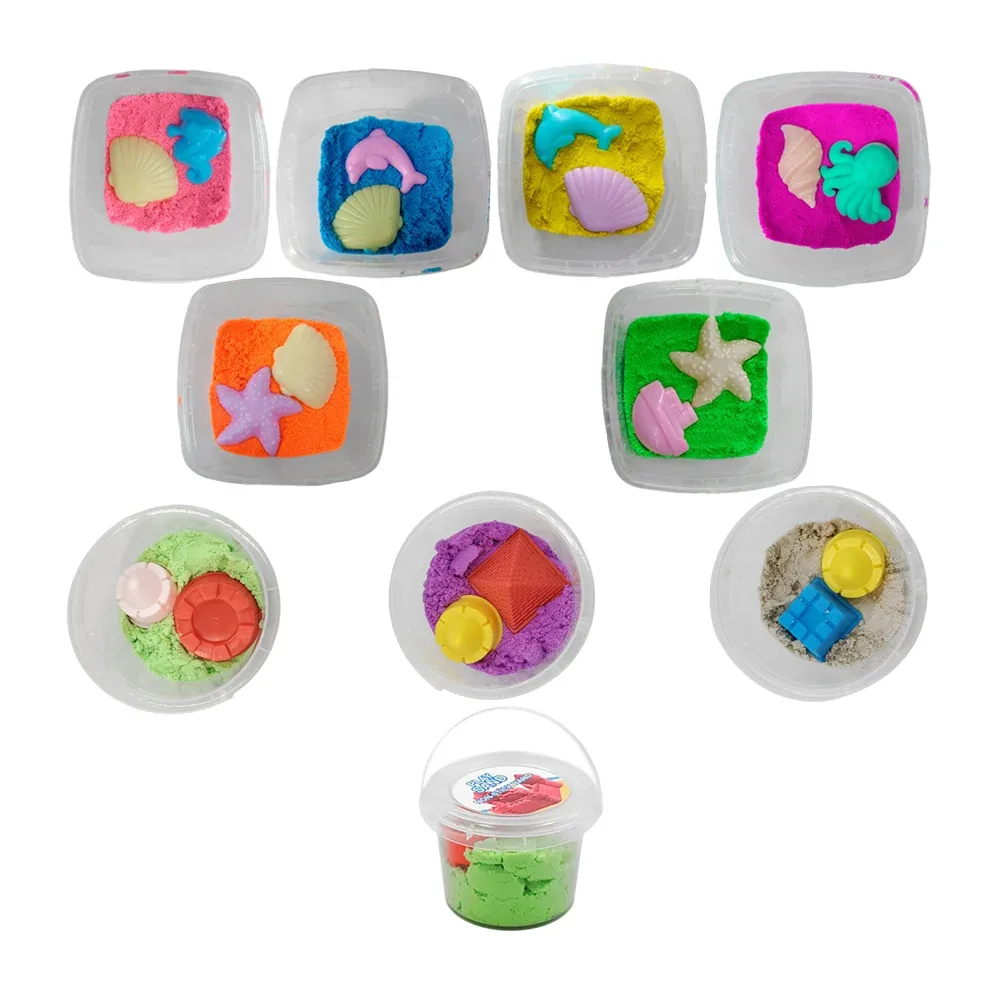 1pza Bote transparente con arena mágica para moldear + moldes, variedad de colores / 81128