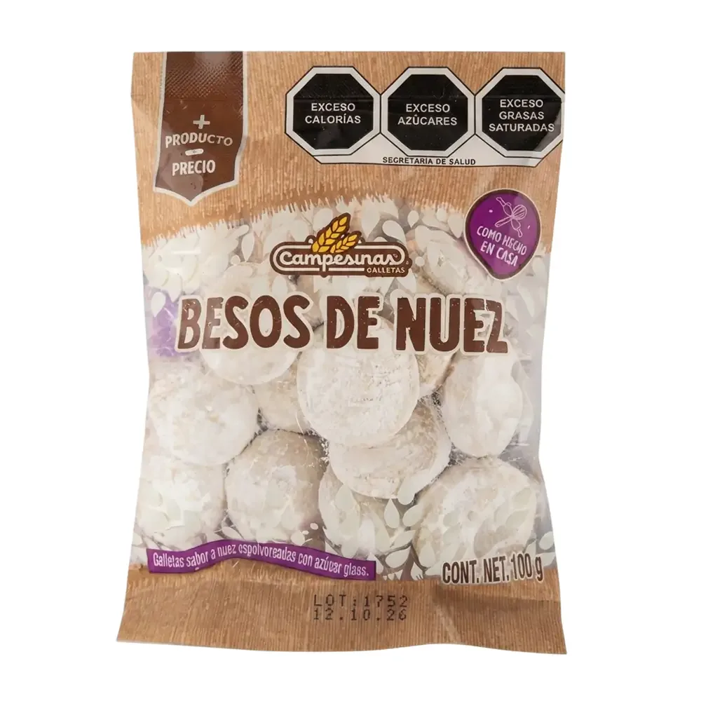 1pza bolsa campesinas besos de nuez espolvoreadas con azúcar glass, 100g / beso.n