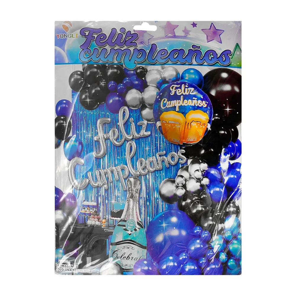 Kit decorativo feliz cumpleaños 51 pz + cortina metálica y globo de botella
