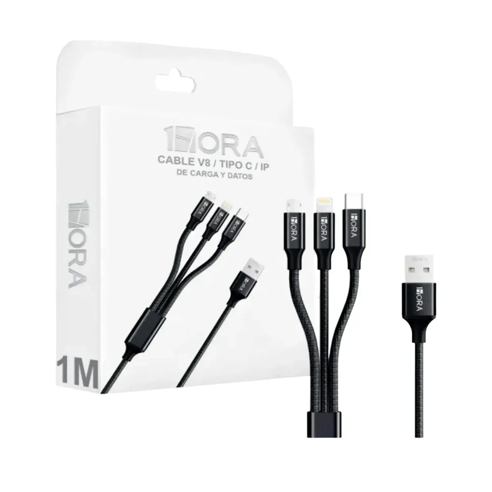Cable 1hora 3 en 1, usb a tipo c, v8 y lightning para carga y transferencia de datos / cab259