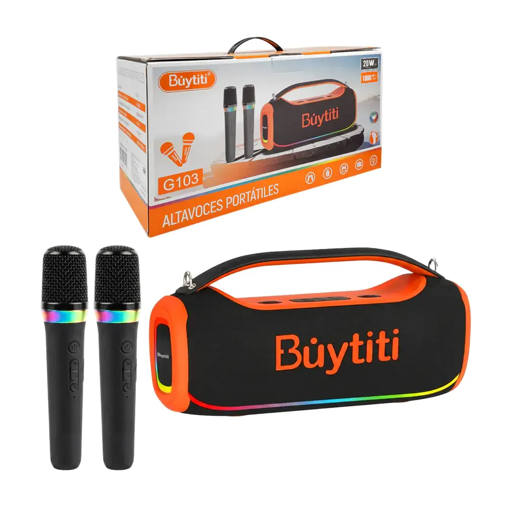 Bocina altavoz buytiti cilíndrica con agarradera y par de micrófonos con luz rgb