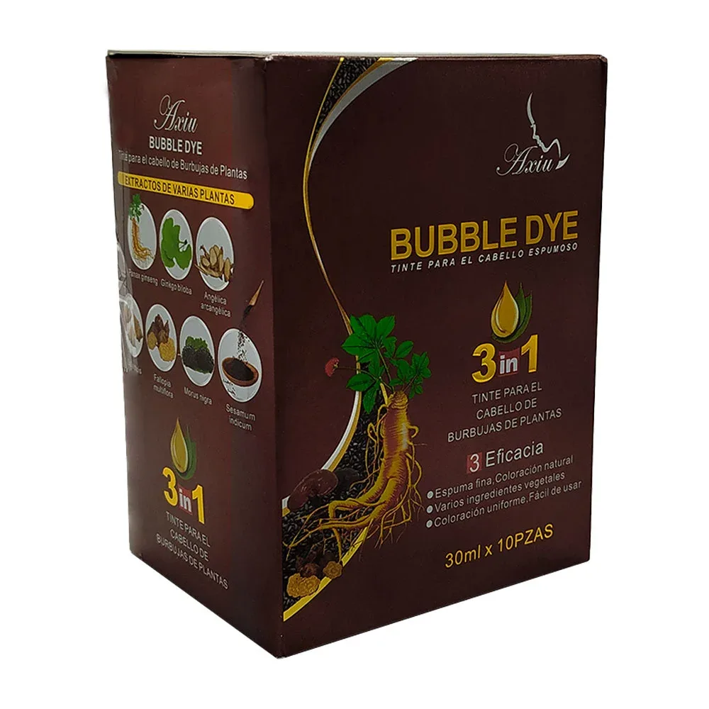 Caja con 10 sobres de shampoo 3 en 1 con tinte para el cabello y extracto de plantas, color castaño / bubble dye / 30ml