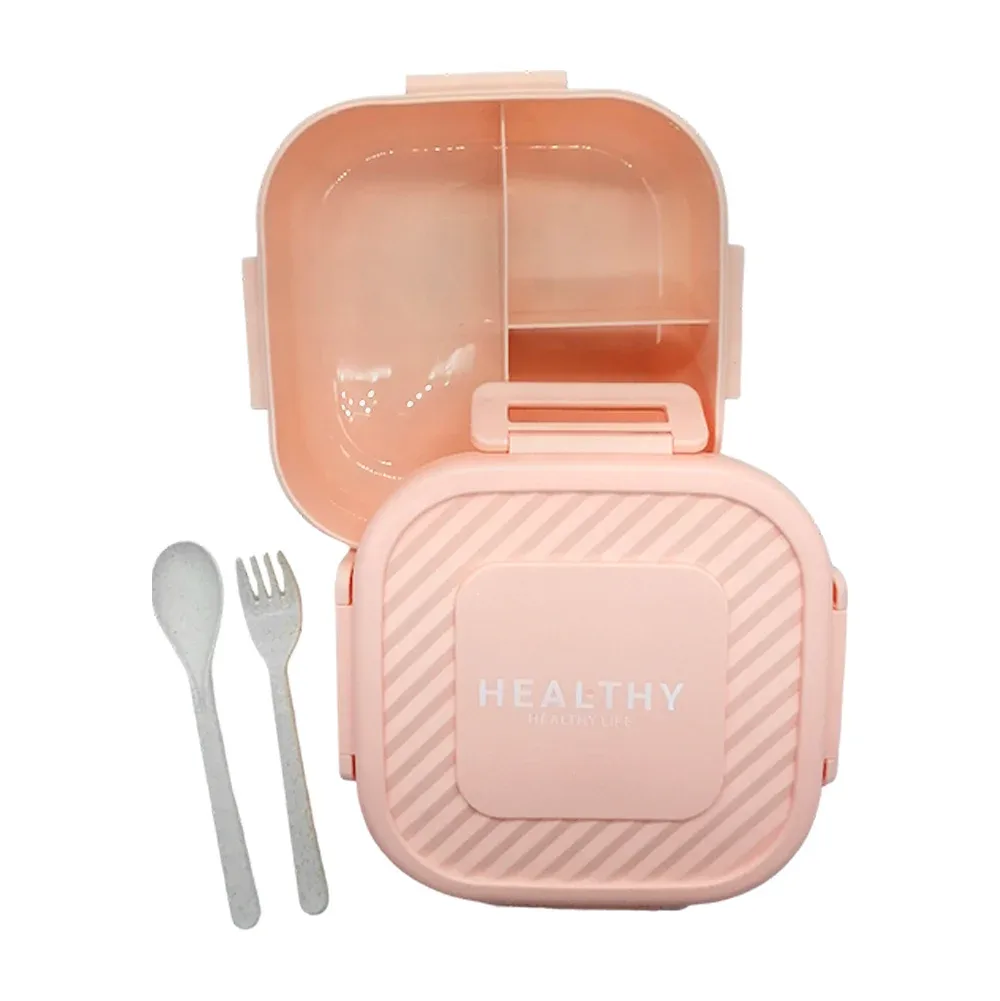 Tupper cuadrado con 3 compartimientos + cuchara y tenedor, variedad de colores / healthy life / 24-fh-3021