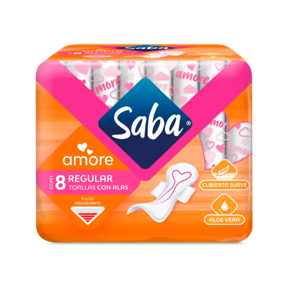 Paquete con 8 toallas femeninas saba amore nocturnas con alas para flujo abundante / 031137